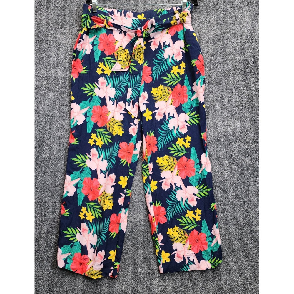 Soft Surroundings Women's Tropical Floral Wide Leg Belted Viscose Pants Size L